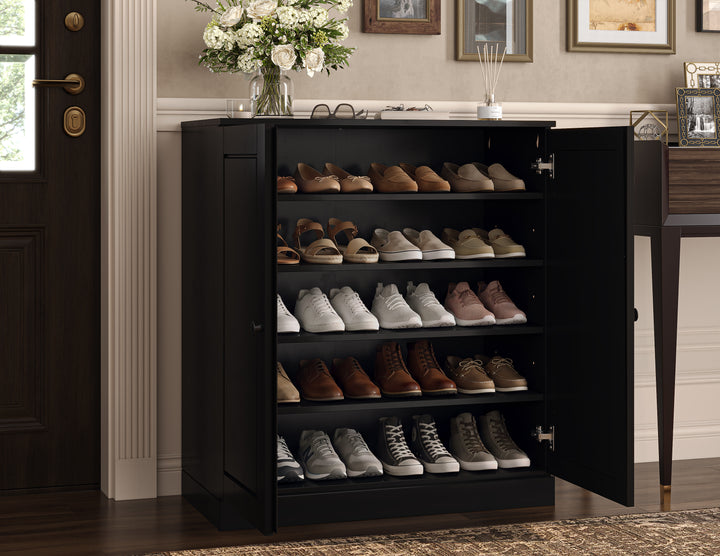 100% Solid Wood Shoe Storage Cabinet with Raised Panel Doors, Adjustable Shelves, Space Saving Stackable Entryway Organizer, 32" W x 35.75" H