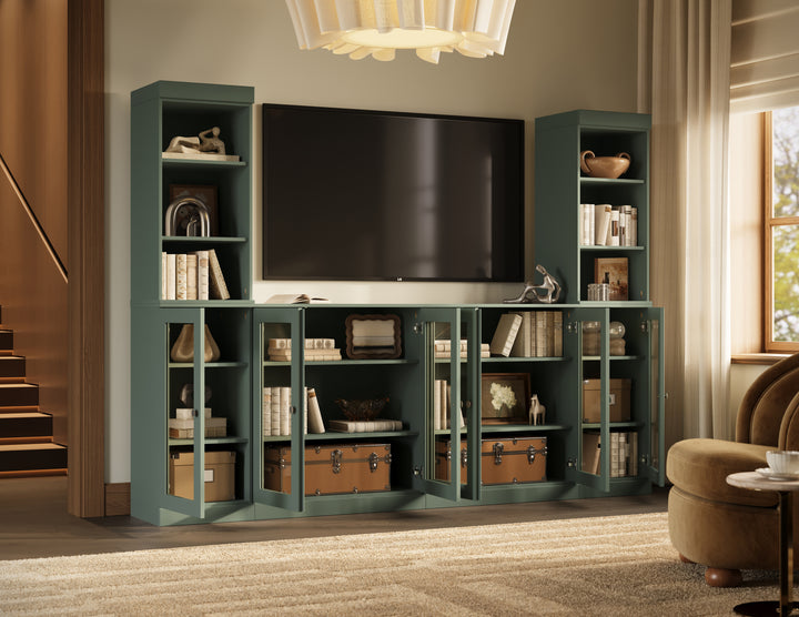 100% Solid Wood 6-Piece Entertainment Center Wall Unit with Storage, Open Cabinets & Glass Doors, Adjustable Shelves, 97" W x 71.5" H