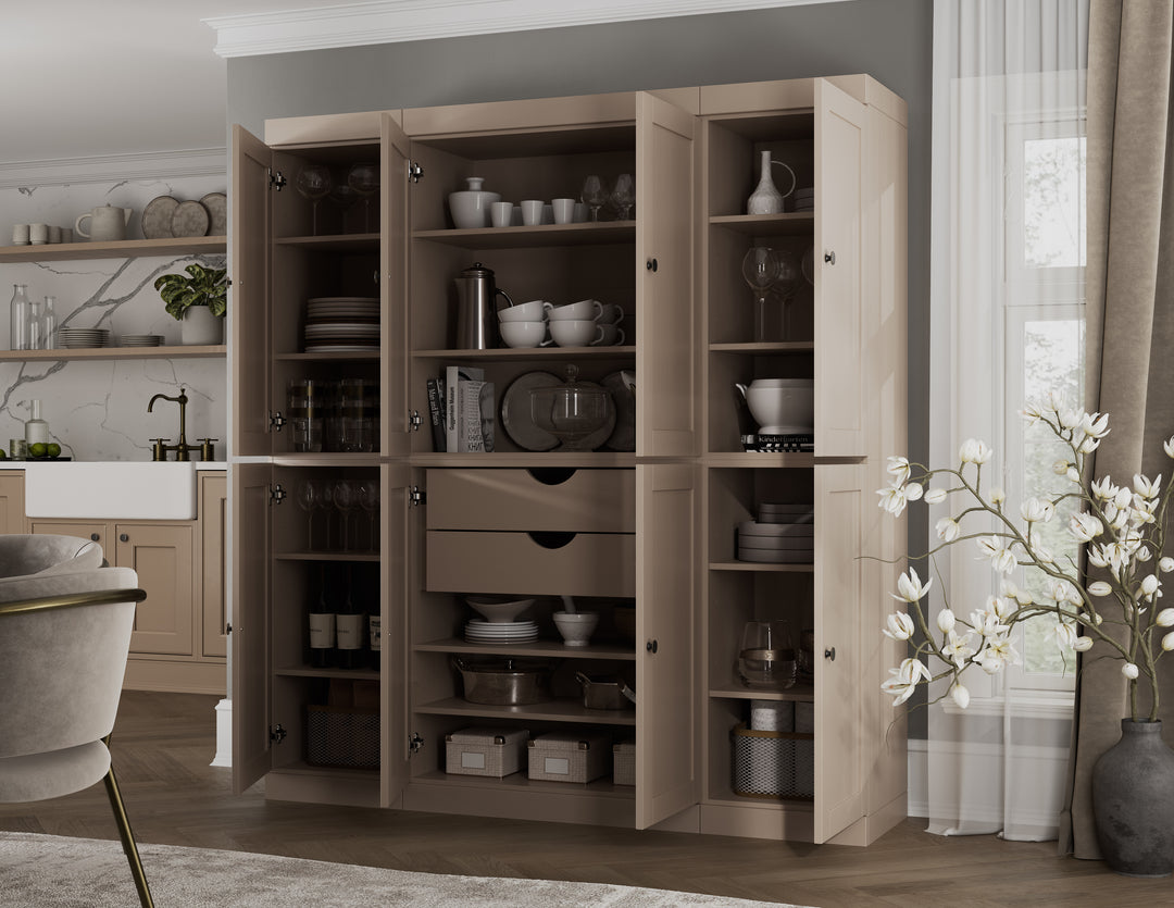 100% Solid Wood 65" Pantry Cabinet, 8 Shaker Wood Doors, 2 Drawers