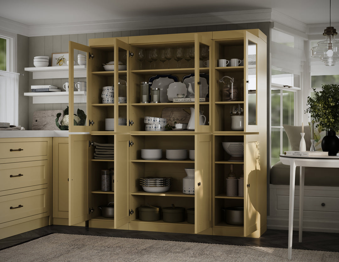 100% Solid Wood 65" China Pantry Cabinet, 4 Clear Glass, 4 Shaker Wood Doors