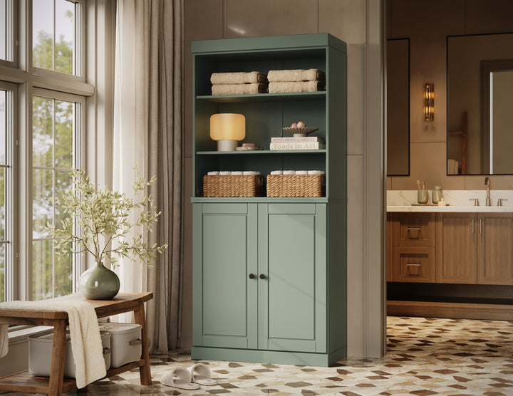 100% Solid Brazilian Pine Wood Bathroom Storage Cabinet, Raised Panel Doors, Adjustable Shelves, 32" Wide, 71.5" Tall