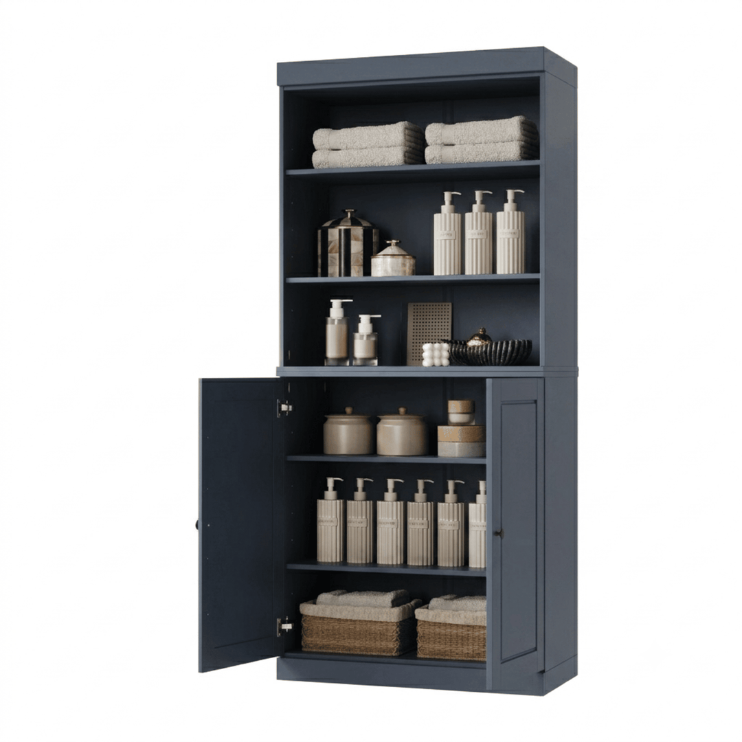 100% Solid Wood Tall Freestanding Modular Bathroom Linen Storage Cabinet with Open Shelf & Raised Panel Doors, Adjustable Shelves, 32" W x 71.5" H