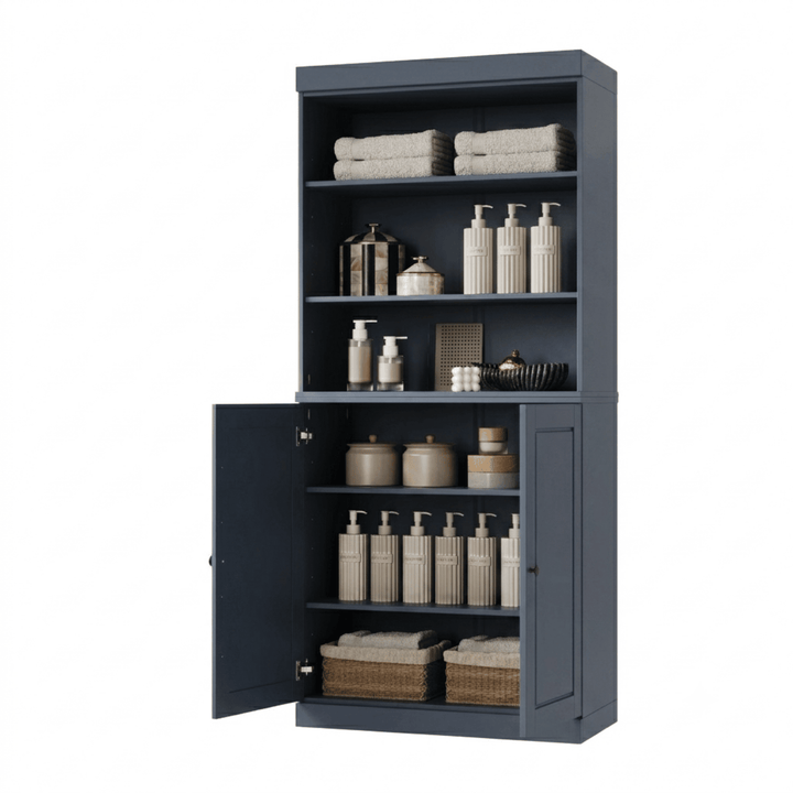 100% Solid Wood Tall Freestanding Modular Bathroom Linen Storage Cabinet with Open Shelf & Raised Panel Doors, Adjustable Shelves, 32" W x 71.5" H