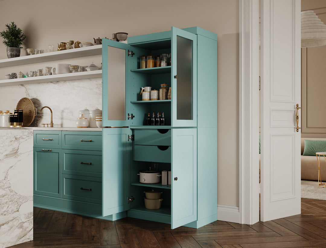 100% Solid Wood 32" Pantry Cabinet, 2 Frosted Glass, 2 Shaker Wood Doors, 2-Drawers