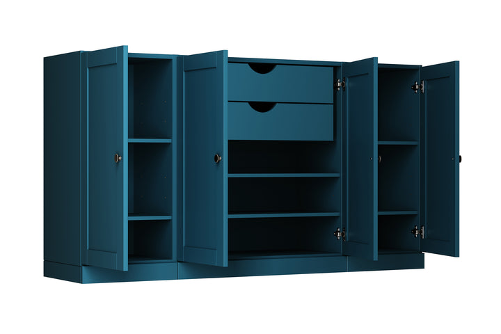 100% Solid Brazilian Pine Wood Sideboard, Shaker Doors, 2 Drawers, Adjustable Shelves, 65" Wide, 35.75" Tall