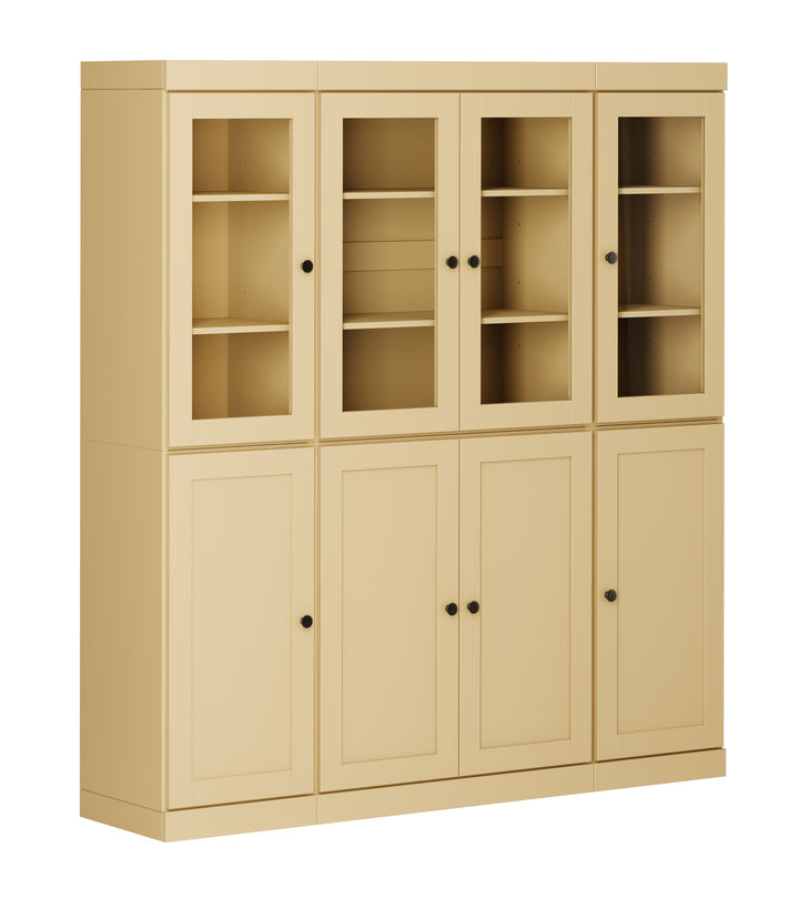 100% Solid Wood 65" China Pantry Cabinet, 4 Glass, 4 Shaker Wood Doors, 2-Drawers