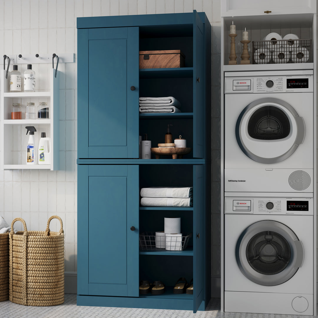 100% Solid Brazilian Pine Wood Bathroom & Laundry Storage Cabinet, Raised Panel Doors, Adjustable Shelves, 32" Wide, 71.5" Tall