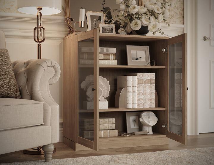 Premium 100% Solid European Oak Hardwood 3-Shelf Modular Bookcase with Tinted Glass Doors – 32" Wide, 35.75" Tall