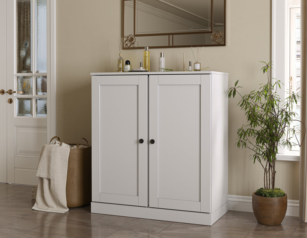 100% Solid Brazilian Pine Wood Bathroom Storage Cabinet, Shaker Doors, 2 Drawers, Adjustable Shelves, 32" Wide, 35.75" Tall
