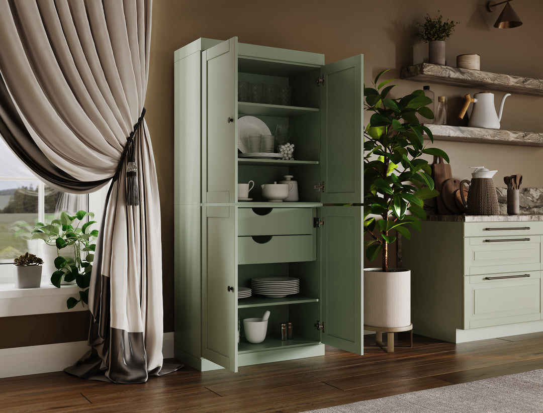 100% Solid Wood 32" Pantry Cabinet, Shaker Wood Doors, 2-Drawers