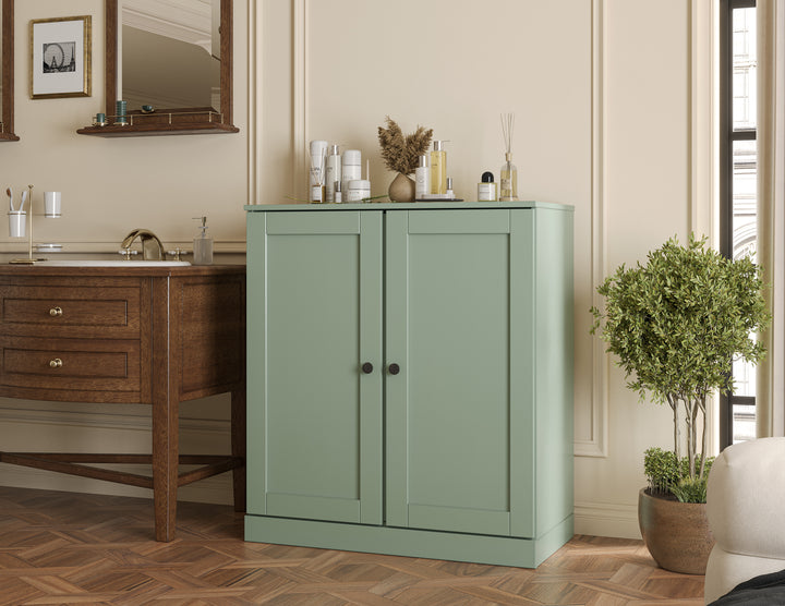 100% Solid Brazilian Pine Wood Bathroom Storage Cabinet, Shaker Doors, 2 Drawers, Adjustable Shelves, 32" Wide, 35.75" Tall