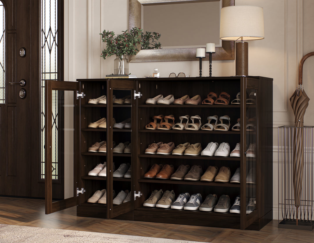 100% Solid Wood Glass Door Shoe Storage Cabinet, Adjustable Shelves, Space Saving Modular Entryway Organizer, 48.5" W x 35.75" H