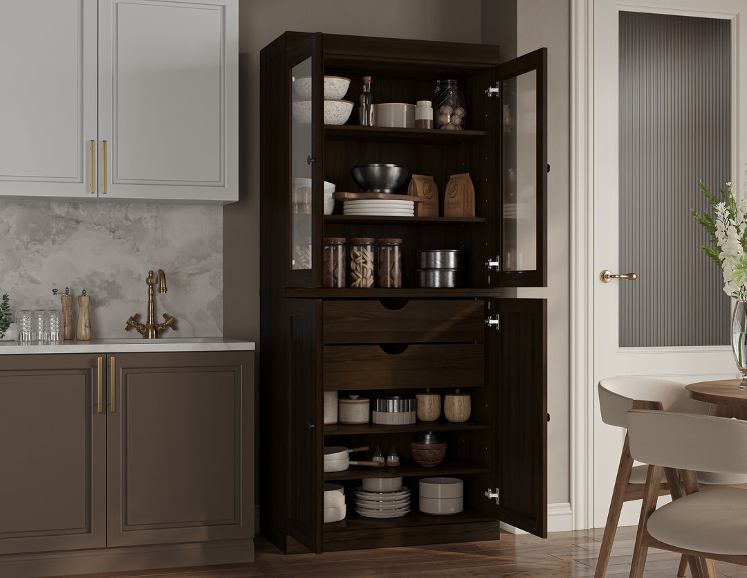 100% Solid Wood Kitchen Pantry China Cabinet, Tall Freestanding Modular Storage with Glass & Shaker Doors & 2 Drawers, Adjustable Shelves, 32" W x 71.5" H