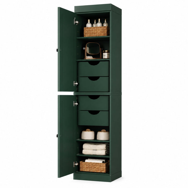 100% Solid Wood Bathroom Storage Cabinet, Shaker Doors, 4 Drawers, Adjustable Shelves, 16.5" Wide, 71.5" Tall