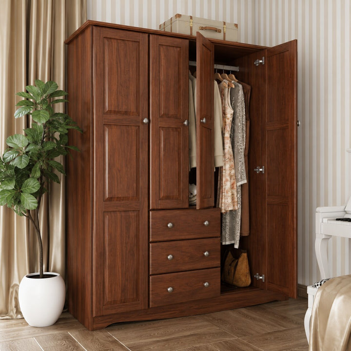 100% Solid Wood 4-Door Wardrobe Armoire with Metal Knobs, Bedroom Closet Storage - Family Collection