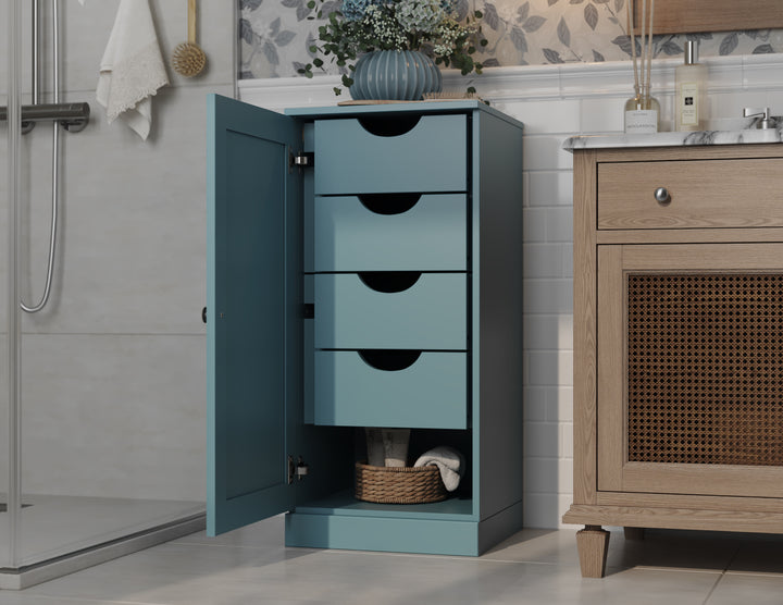 100% Solid Wood Bathroom Storage Cabinet, Raised Panel Door, 4 Drawers, Adjustable Shelves, 16.5" Wide, 35.75" Tall