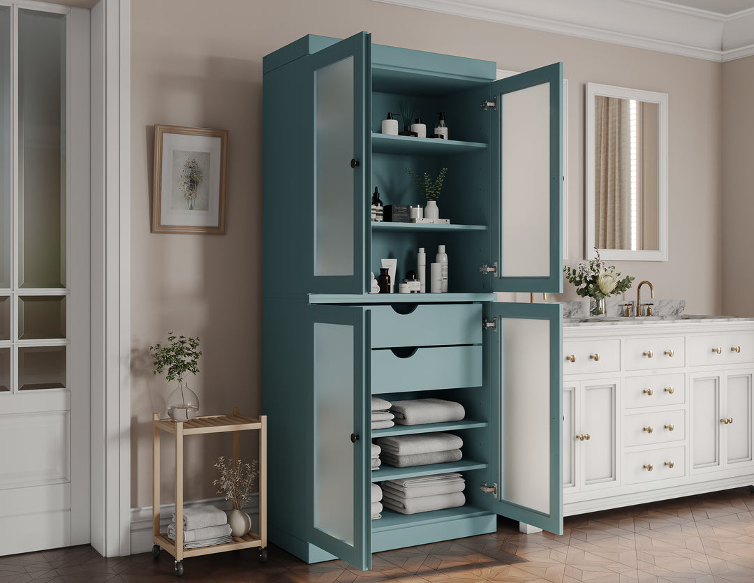 100% Solid Wood Tall Freestanding Modular Bathroom Linen Storage Cabinet with Frosted Glass Doors, 2 Drawers, Adjustable Shelves, 32" W x 71.5" H