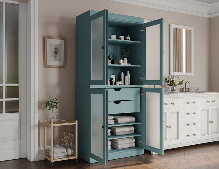 100% Solid Wood Tall Freestanding Modular Bathroom Linen Storage Cabinet with Frosted Glass Doors, 2 Drawers, Adjustable Shelves, 32" W x 71.5" H