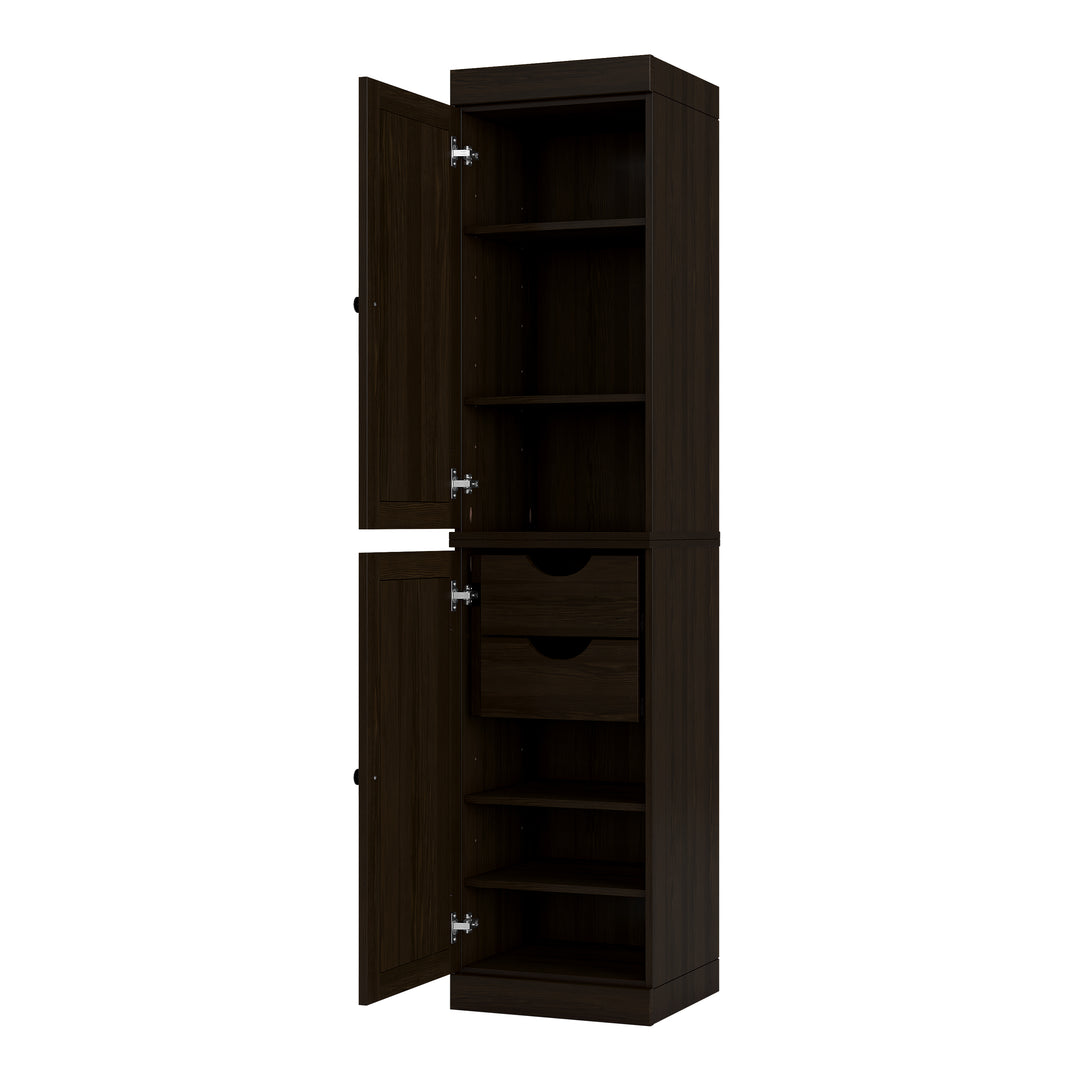 100% Solid Wood Bathroom Storage Cabinet, Raised Panel Doors, 2 Drawers, Adjustable Shelves, 16.5" Wide, 71.5" Tall