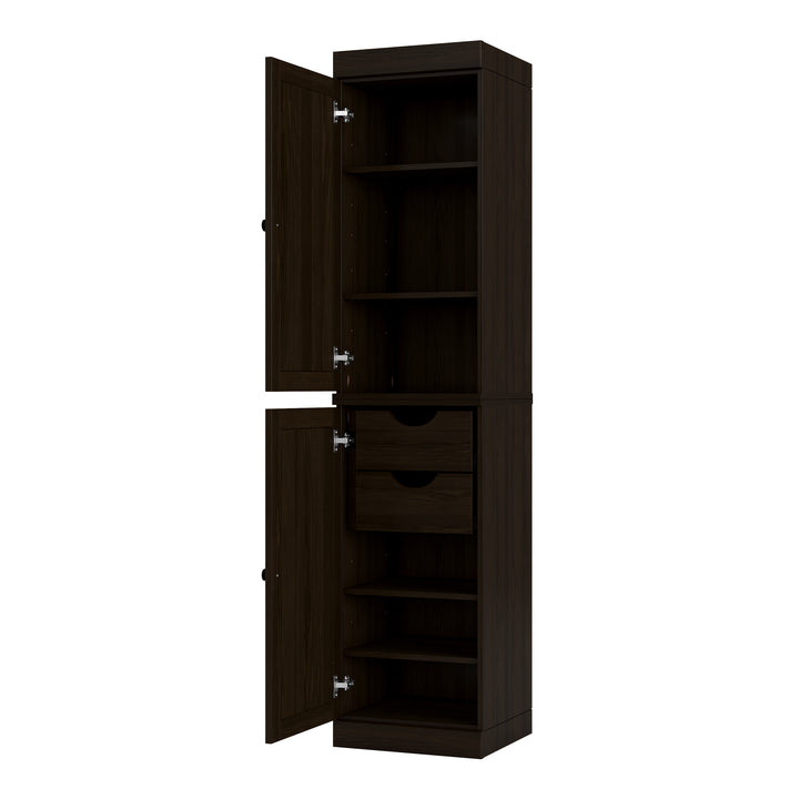 100% Solid Wood Bathroom Storage Cabinet, Raised Panel Doors, 2 Drawers, Adjustable Shelves, 16.5" Wide, 71.5" Tall