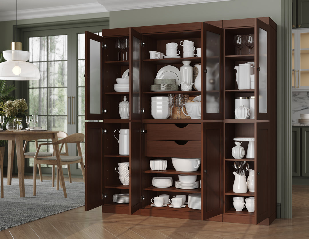 Mocha 65" Solid Wood Kitchen Pantry Cabinet with Frosted Glass & Shaker Doors & 2 Drawers