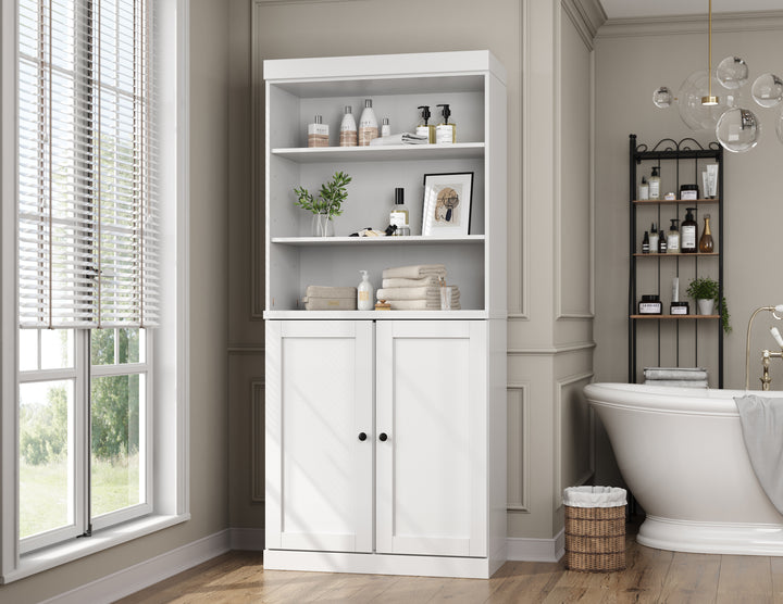 100% Solid Wood 32" Bathroom Cabinet with Shelves, Shaker Wood Doors, 2-Drawers