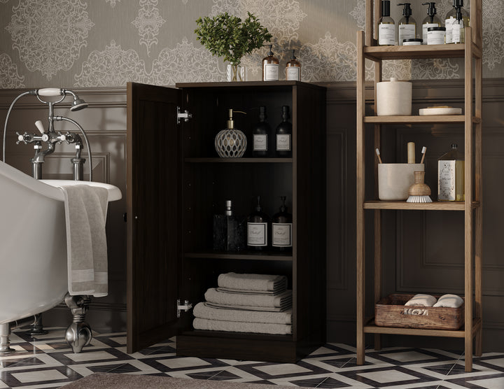 100% Solid Wood Freestanding Bathroom Linen Storage Cabinet with Raised Panel Door, Adjustable Shelves, 16.5" W x 35.75" H