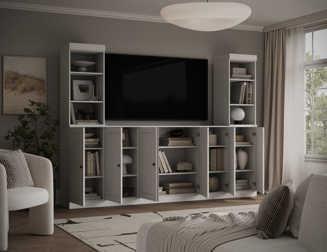 100% Solid Wood 7-Piece Entertainment Center Wall Unit with Storage, Open Cabinets & Raised Panel Doors, Adjustable Shelves, 98" W x 71.5" H
