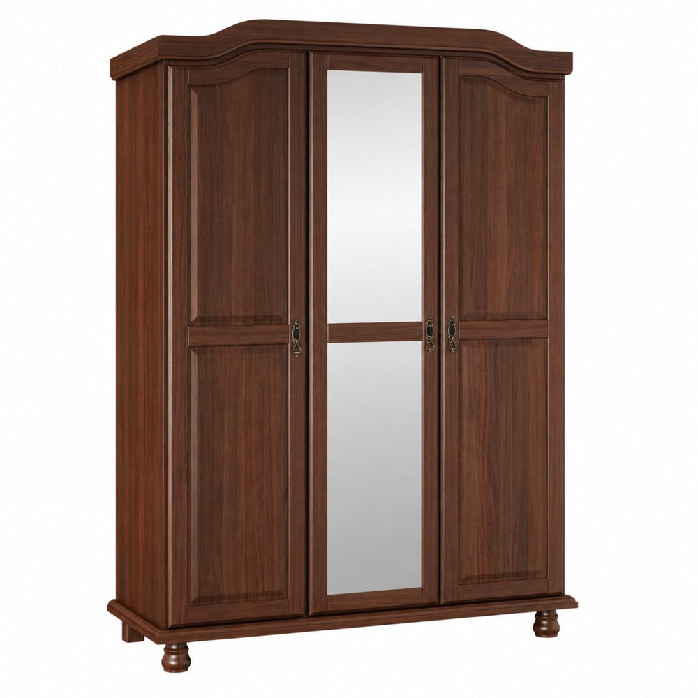 A three-door wooden wardrobe with two side doors featuring paneled wood grain and a central mirror door, finished in a warm brown color with small brass handles and turned feet.