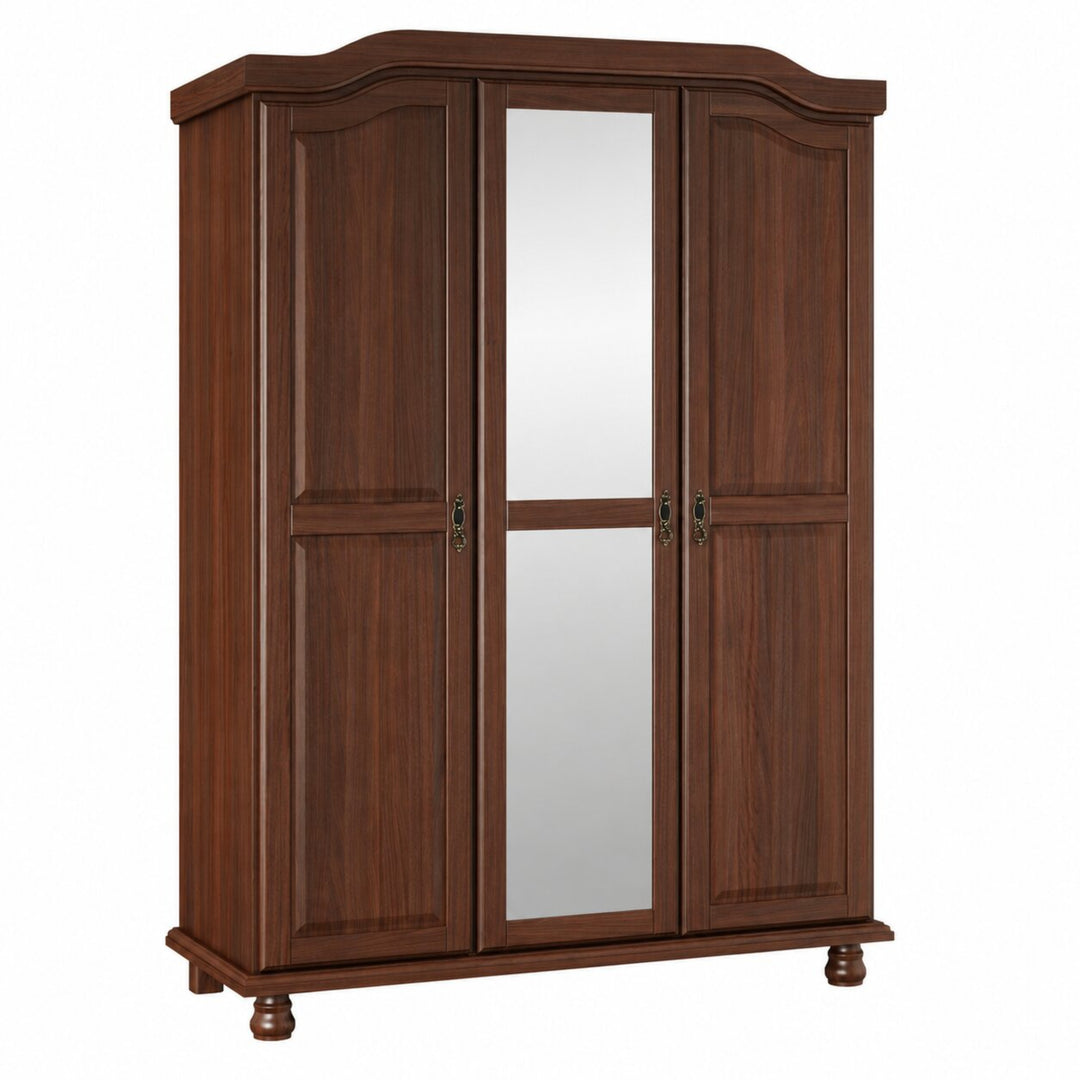 A three-door wooden wardrobe with two side doors featuring paneled wood grain and a central mirror door, finished in a warm brown color with small brass handles and turned feet.