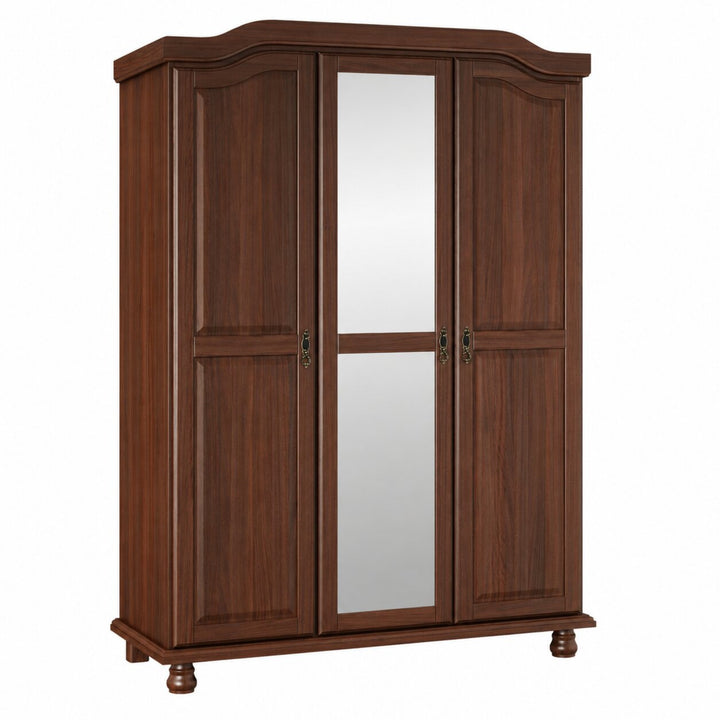 A three-door wooden wardrobe with two side doors featuring paneled wood grain and a central mirror door, finished in a warm brown color with small brass handles and turned feet.