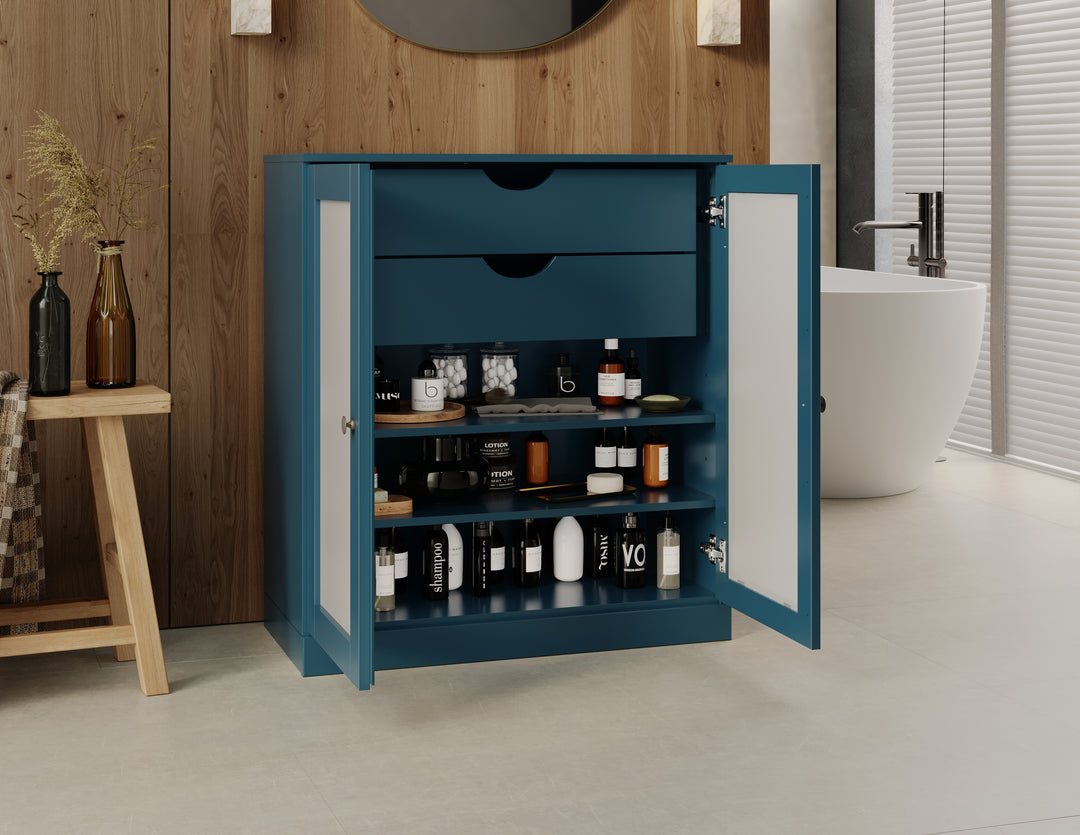 100% Solid Brazilian Pine Wood 32" Bathroom Storage Cabinet with Frosted Glass Doors, 2-Drawers and Adjustable Shelves