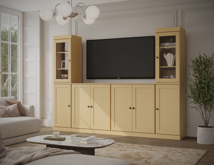 100% Solid Wood 6-Piece Entertainment Center Wall Unit with Storage, Glass & Shaker Doors, Adjustable Shelves, 97" W x 71.5" H