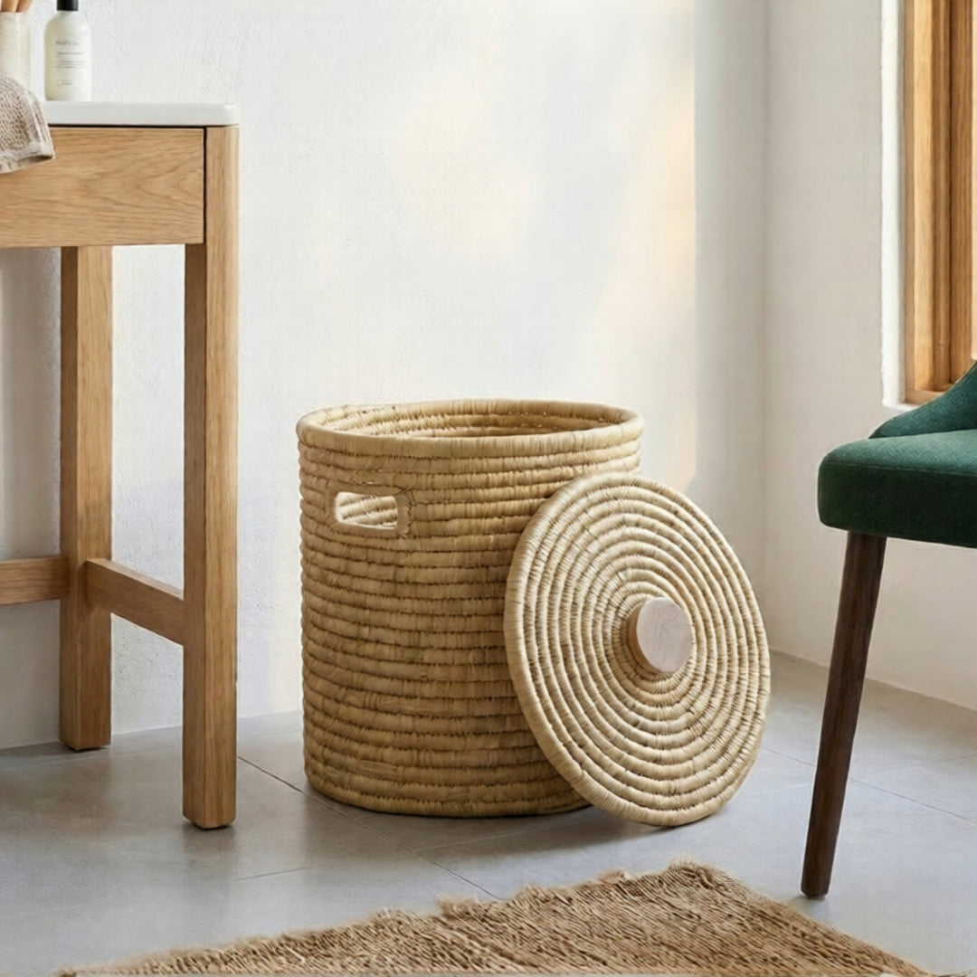 100% Handwoven Natural Rattan 15" Round Basket with Lid & Handles, Boho Farmhouse Decorative Laundry & Storage Organizer, Handcrafted – Authentic African Craftsmanship, Baskets - Palace Imports