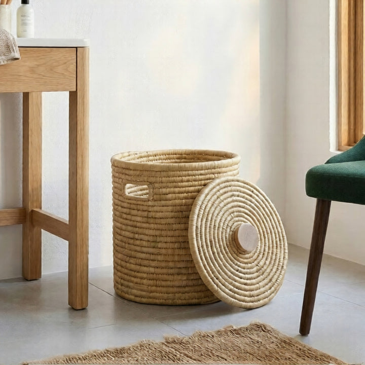 100% Handwoven Natural Rattan 15" Round Basket with Lid & Handles, Boho Farmhouse Decorative Laundry & Storage Organizer, Handcrafted – Authentic African Craftsmanship, Baskets - Palace Imports