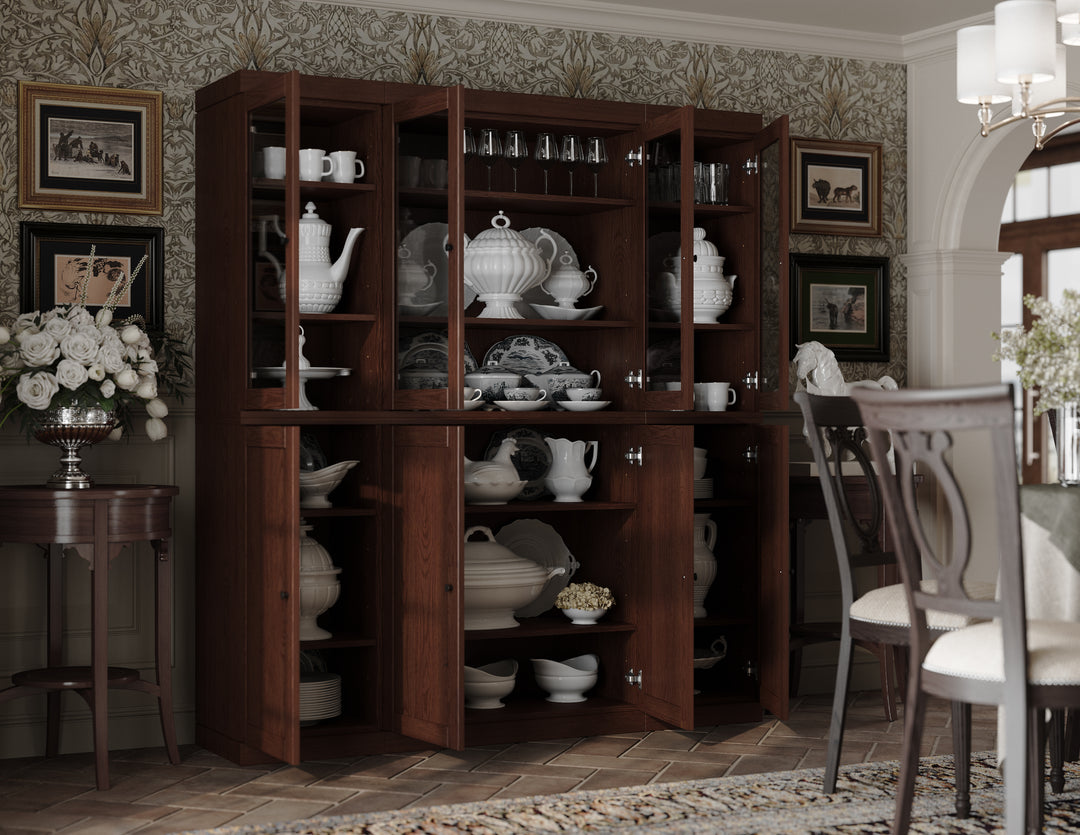 Premium 100% Solid European Oak Hardwood Modular China Cabinet with Shaker and Tinted Glass Doors – 64" Wide, 71.5" Tall