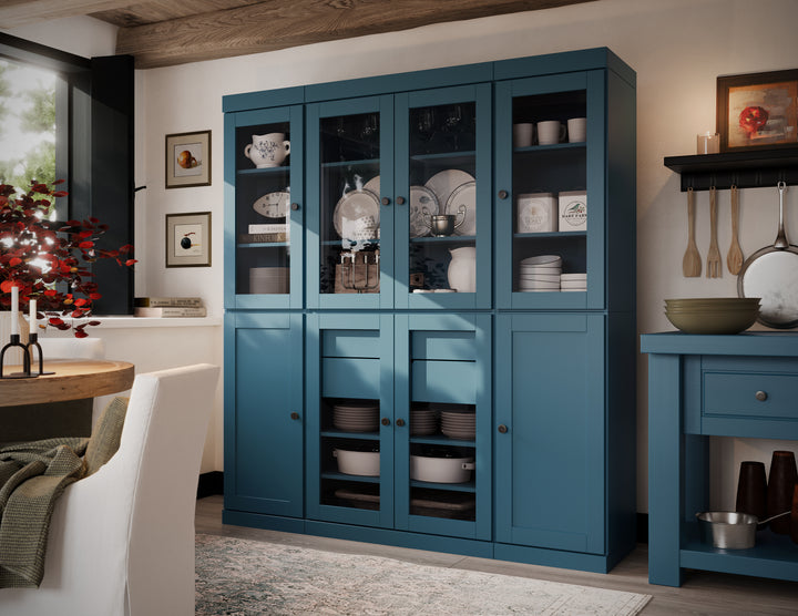 100% Solid Wood 65" China Pantry Cabinet, 6 Glass, 2 Shaker Wood Doors, 2 Drawers