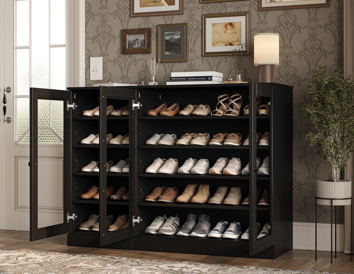 100% Solid Wood Glass Door Shoe Storage Cabinet, Adjustable Shelves, Space Saving Modular Entryway Organizer, 48.5" W x 35.75" H