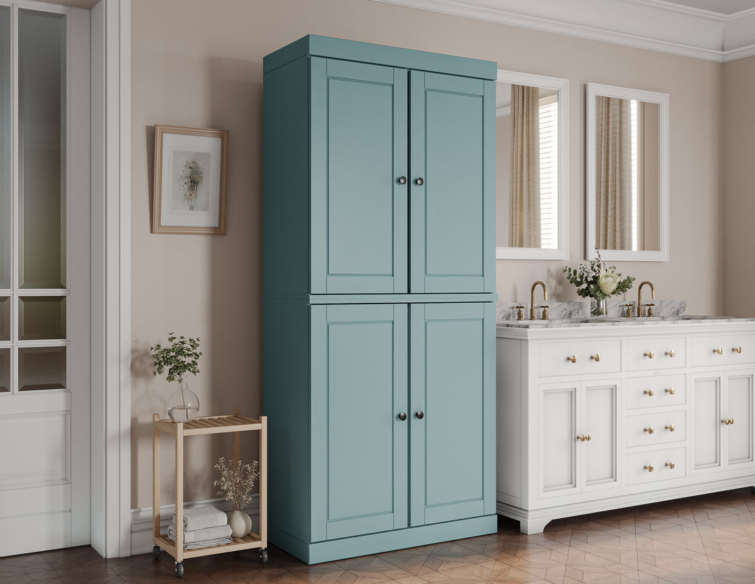 100% Solid Brazilian Pine Wood Bathroom Storage Cabinet, Raised Panel Doors, 2 Drawers, Adjustable Shelves, 32" Wide, 71.5" Tall