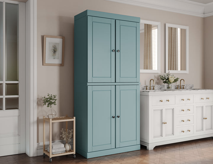 100% Solid Brazilian Pine Wood Bathroom Storage Cabinet, Raised Panel Doors, 2 Drawers, Adjustable Shelves, 32" Wide, 71.5" Tall