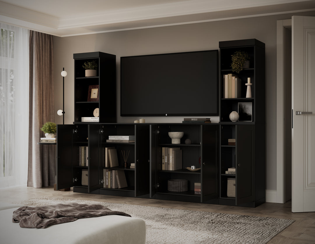 100% Solid Wood 6-Piece Entertainment Center Wall Unit with Storage, Open Cabinets & Shaker Doors, Adjustable Shelves, 97" W x 71.5" H