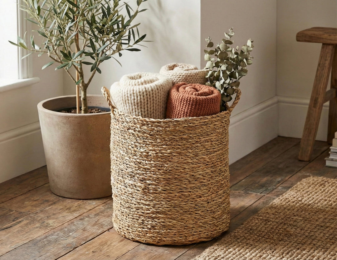 100% Handwoven Natural Rattan 9.5" Round Rustic Weave Basket with Handles, Boho Farmhouse Decorative Laundry & Storage Organizer, Handcrafted – Authentic African Craftsmanship, Baskets - Palace Imports