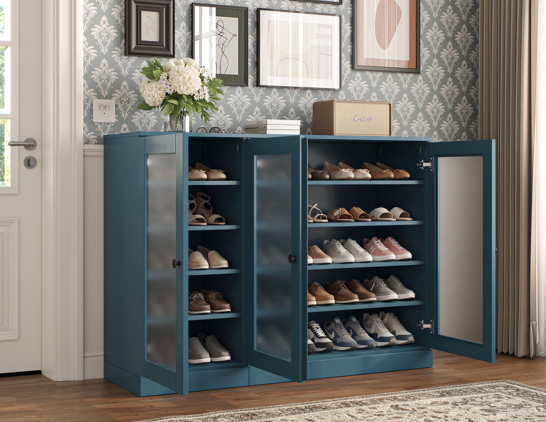 100% Solid Wood Frosted Glass Door Shoe Storage Cabinet, Adjustable Shelves, Space Saving Modular Entryway Organizer, 48.5" W x 35.75" H