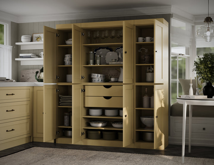 100% Solid Wood 65" Pantry Cabinet, 8 Shaker Wood Doors, 2 Drawers