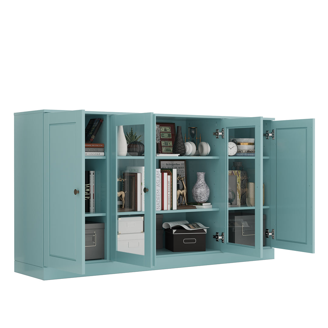 100% Solid Wood TV Stand for TVs up to 65" with Clear Glass, Raised Panel Doors, Adjustable Shelves