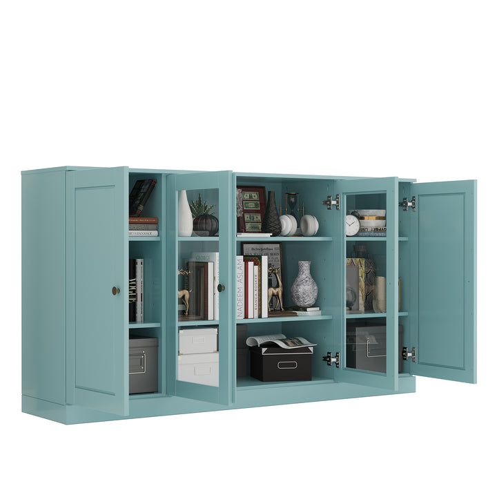 100% Solid Wood TV Stand for TVs up to 65" with Clear Glass, Raised Panel Doors, Adjustable Shelves