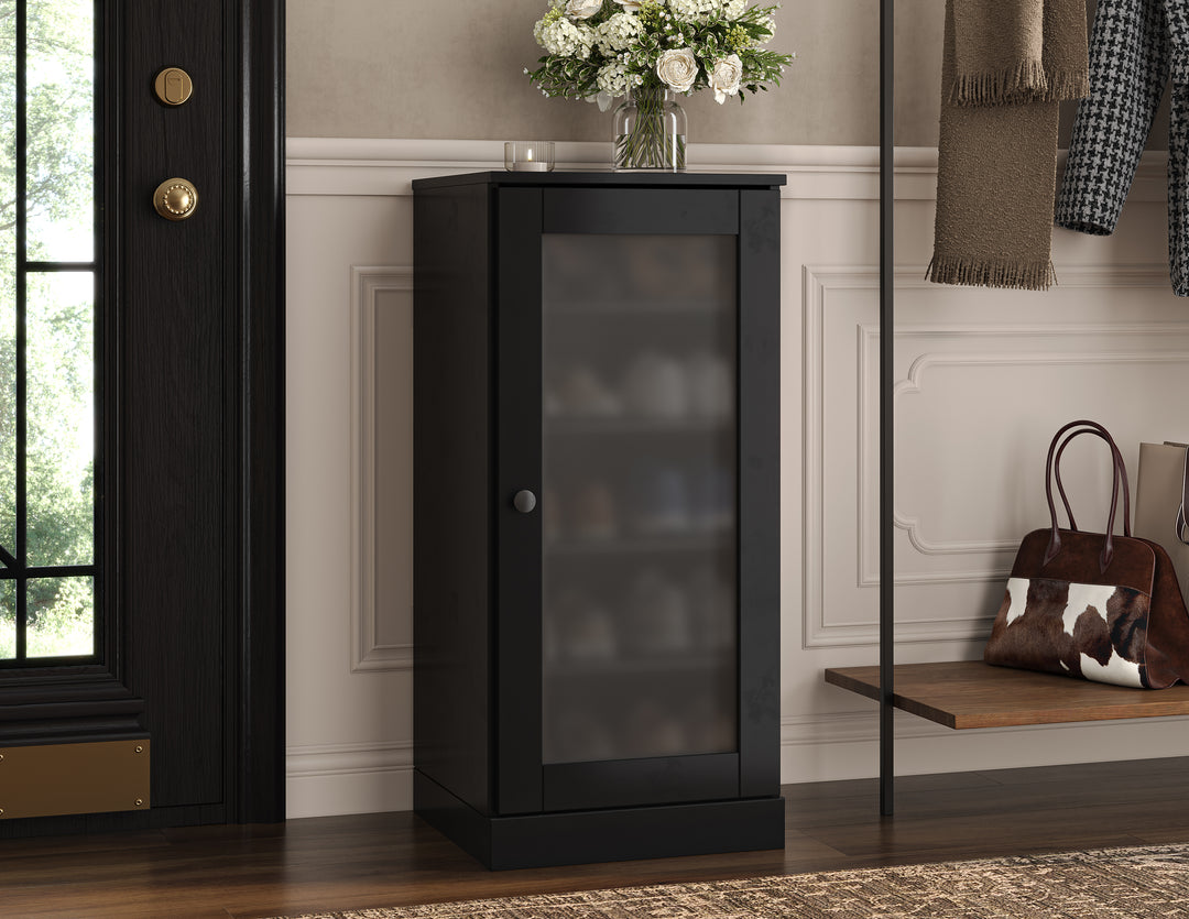 100% Solid Wood Narrow Frosted Glass Door Shoe Storage Cabinet with Adjustable Shelves, Space Saving Stackable Organizer, 16.5" W x 35.75" H