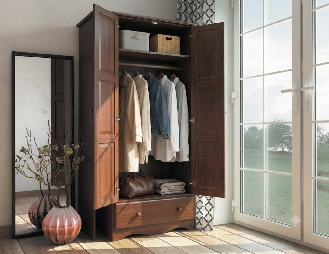 100% Solid Wood 2-Door Wardrobe Armoire with Raised Panel Doors, Bedroom Closet Storage - Flexible Collection