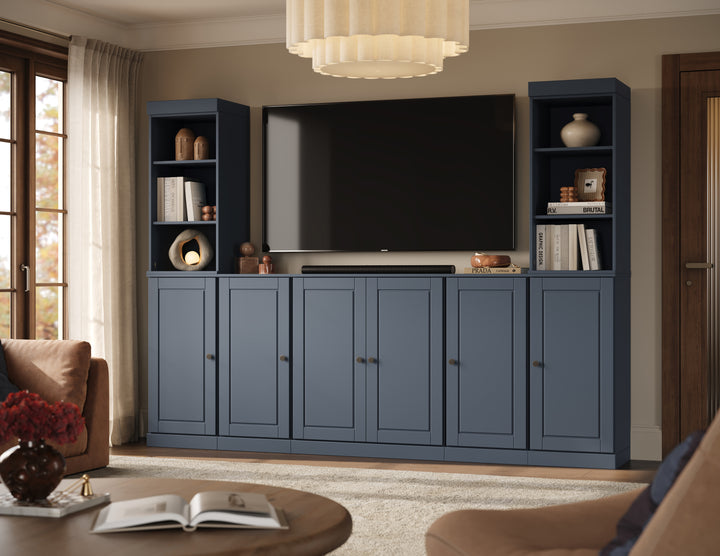 100% Solid Wood 7-Piece Entertainment Center Wall Unit with Storage, Open Cabinets & Raised Panel Doors, Adjustable Shelves, 98" W x 71.5" H