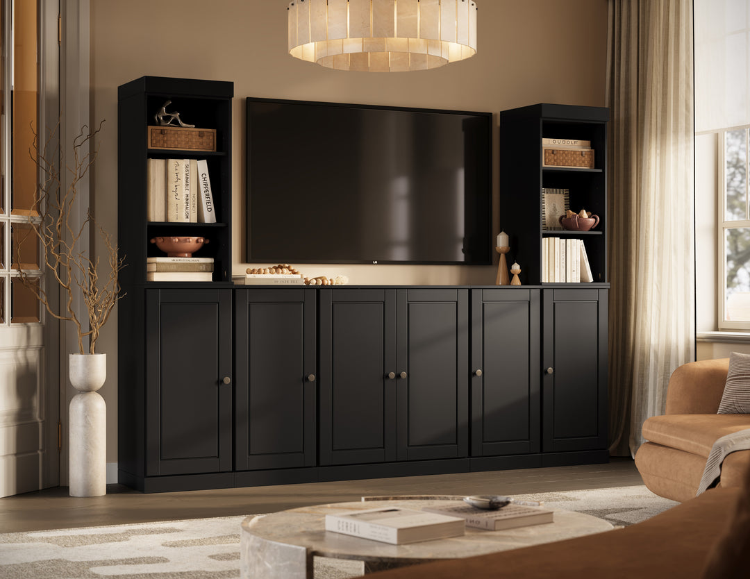 100% Solid Wood 7-Piece Entertainment Center Wall Unit with Storage, Open Cabinets & Raised Panel Doors, Adjustable Shelves, 98" W x 71.5" H